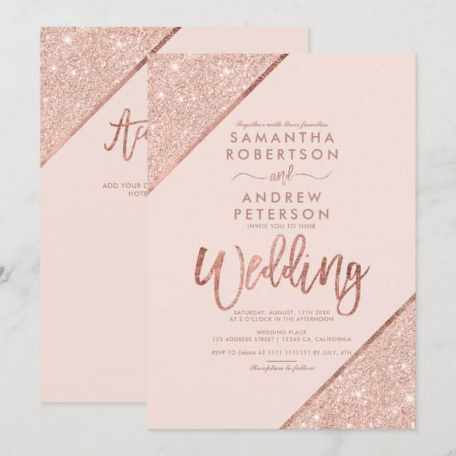Invitation Rose or parties scintillant typographie blush rose (Devant / Derrière)
