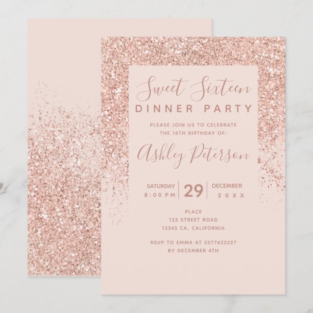 Invitation Rose or parties scintillant typographie rose pâle  (Devant / Derrière)