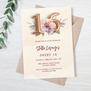 Invitation Rose or pêche floral Sweet 16 luxe