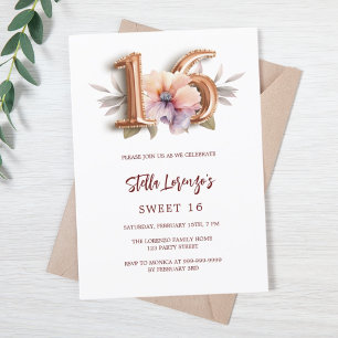 Invitation Rose or pêche floral Sweet 16 luxe
