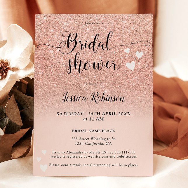 Invitation Rose or rose coeurs script chic douche nuptiale (Rose gold pink hearts script chic bridal shower invitation)