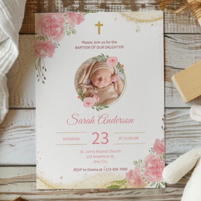 Invitation Rose or rose floral photo Baptême Christening (Créateur téléchargé)