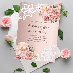 Invitation Rose or rose florale dentelle 50e anniversaire