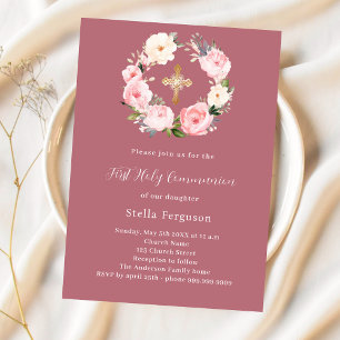 Invitation Rose or rose floraux croiser fille Première commun