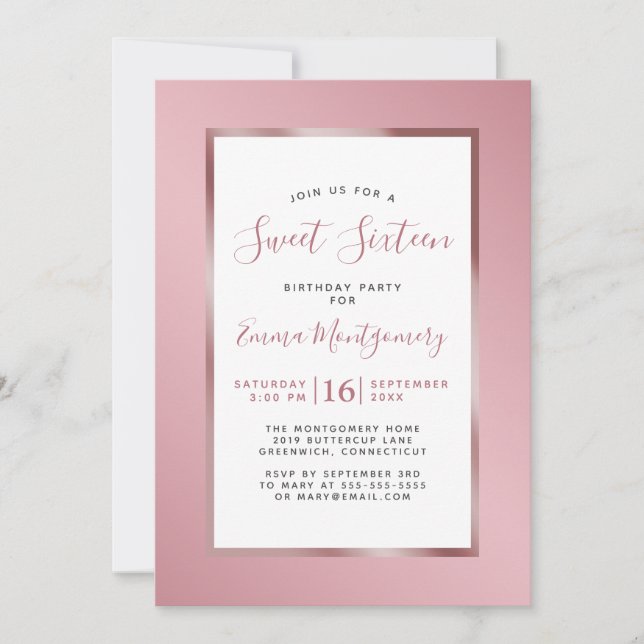 Invitation Rose Or rose huile Frame Sweet 16 Anniversaire (Devant)