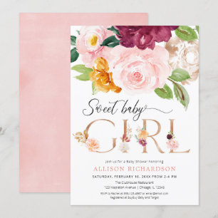 Invitation Rose or rousse bourgogne floral fille baby shower