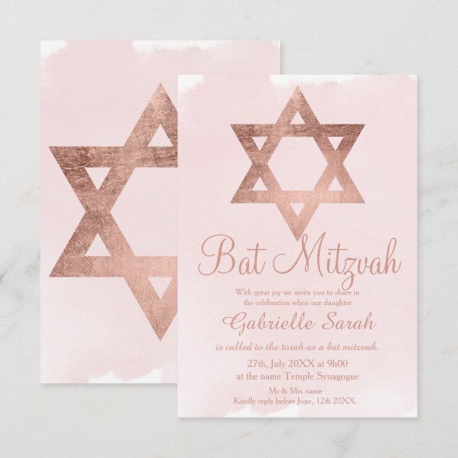 Invitation Rose or typographie blush rose Bat mitzvah (Devant / Derrière)
