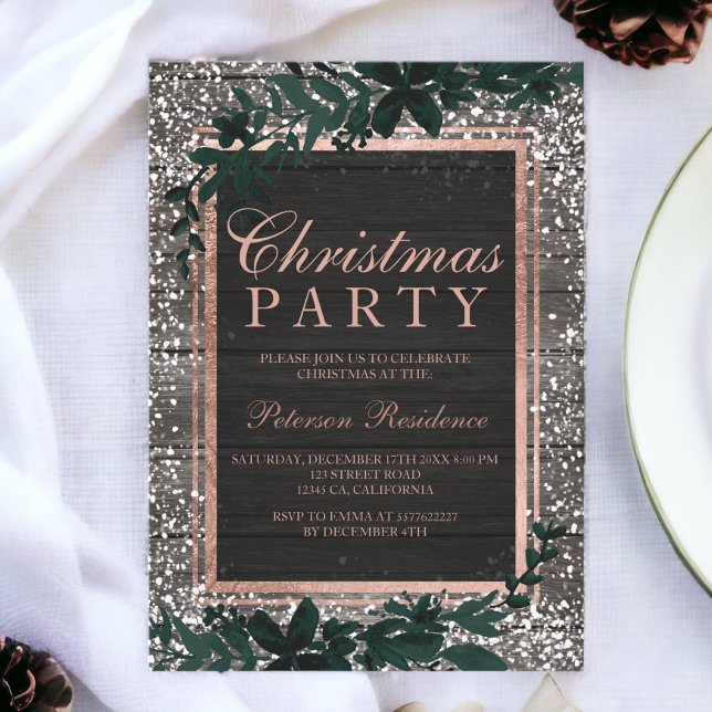 Invitation Rose or typographie feuille neige bois Noël (Rose gold typography leaf snow wood Christmas Invitation)