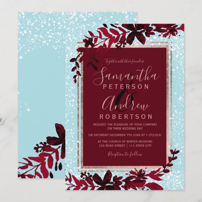 Invitation Rose or typographie feuille rouge neige bleu maria (Devant / Derrière)