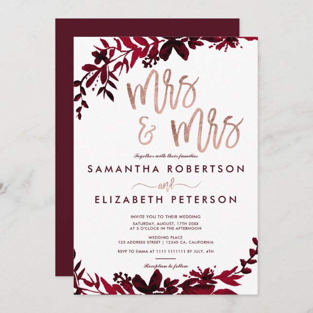 Invitation Rose or typographie Floral rouge lesbienne mariage (Devant / Derrière)