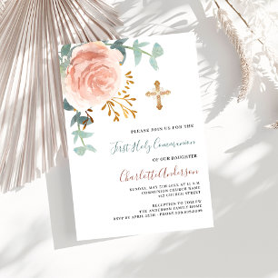 Invitation Rose or verdure croix première communion sainte