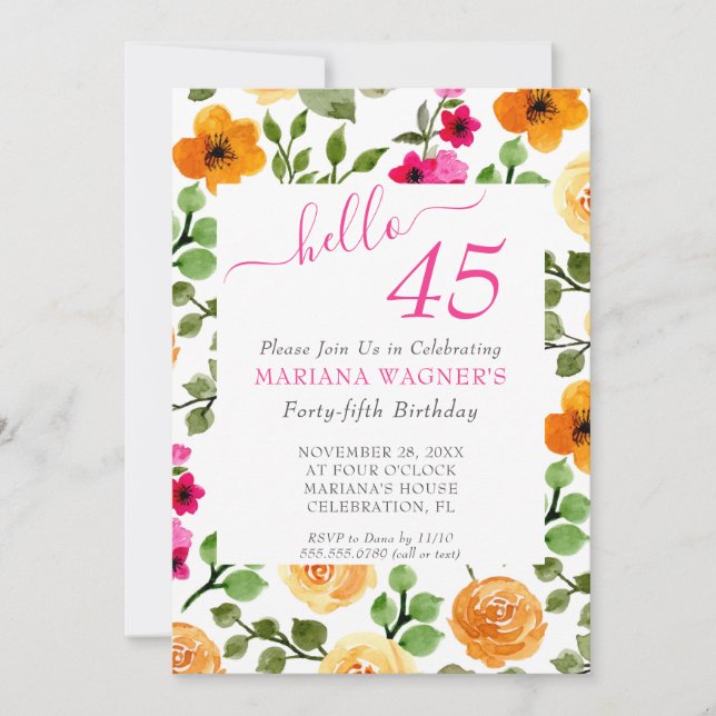 Invitation Rose Orange Floral Élégant Script 45e anniversaire (Devant)