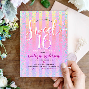 Invitation Rose Orange Violet Dégradé Rayures Douce 16e Anniv