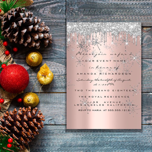 Invitation Rose Pailleté Argent Luxe Mariage Douzième Anniver (Spark Glitter Rose Silver Lux Bridal Sweet 16th Invitation)