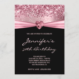 Invitation Rose Pailleté Glitter Papier Aluminium Gemme Cœur