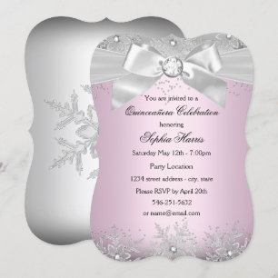 Invitation Rose Pâle Argent Bijou Nœud Flocon de Neige Quince