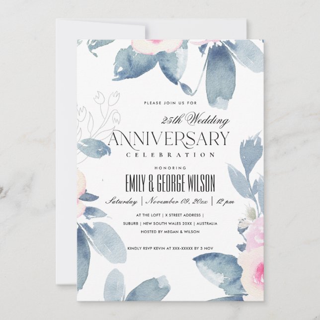 Invitation ROSE PÂLE BLEU FLORAL 25e ANNIVERSAIRE TOUTE ANNÉE (Devant)