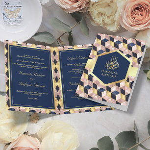 Invitation Rose Pâle Bleu Marine Géométrique Mariage Musulman
