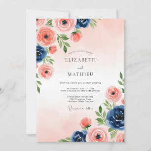 Invitation Rose Pâle Bleu Nuit Poétique Aquarelle Mariage