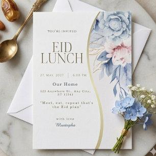 Invitation Rose Pâle Bleu Poussiéreux Floral Courbe Or Eid Dé