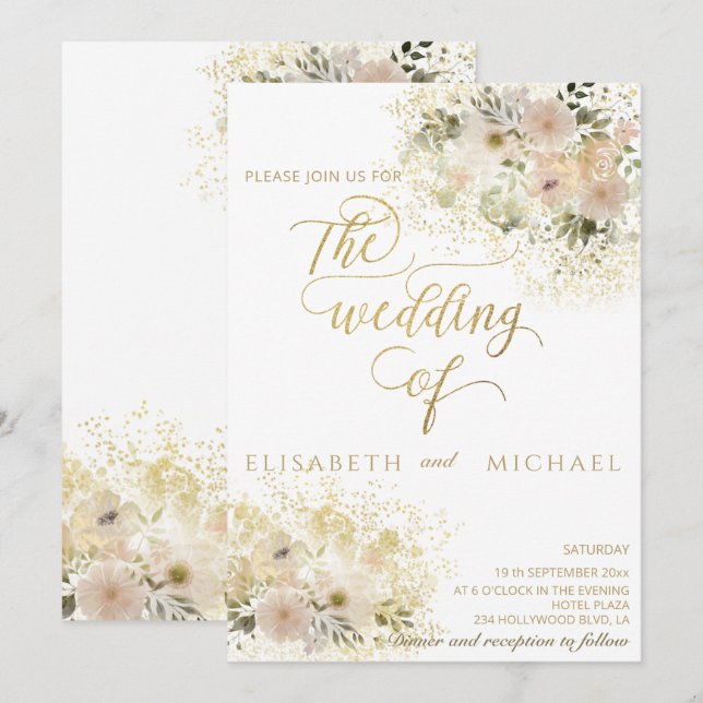 Invitation Rose pâle calligraphie dorée florale romantique (Devant / Derrière)