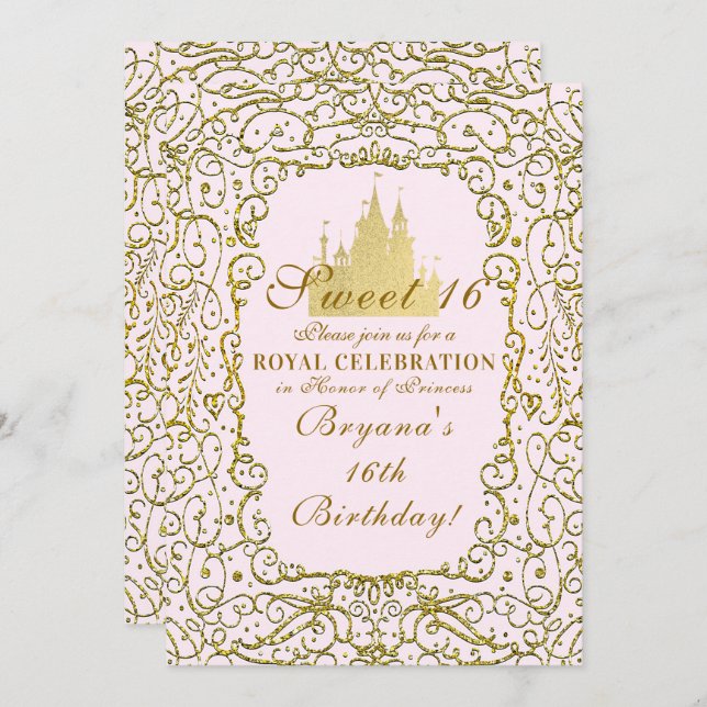Invitation Rose Pâle & Château Royal Doré Princesse Douce 16 (Devant / Derrière)