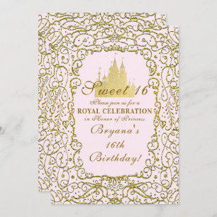Invitation Rose Pâle & Château Royal Doré Princesse Douce 16