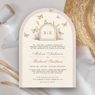 Invitation Rose Pâle Crème Papillon Fleur Sauvage Arche de Ma