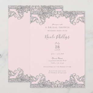 Invitation Rose Pâle de Ballerine Dentelle Argentée Élégante 
