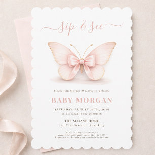 Invitation Rose Pâle Élégant Papillon Bébé Boit Et Découvre