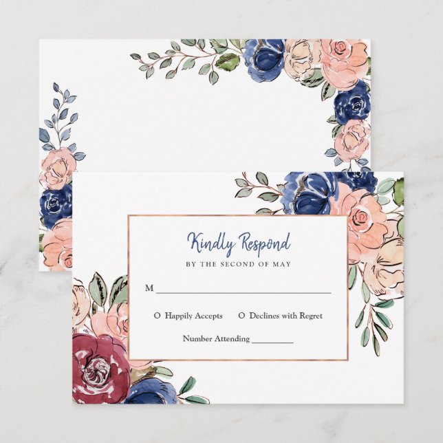 Invitation Rose Pâle et Floral Géométrique Marine | Mariage (Devant / Derrière)