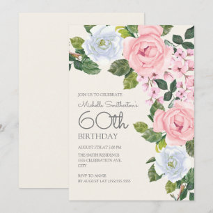 Invitation Rose Pâle Fleurs Blanches 60e Anniversaire de Femm