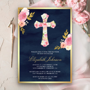 Invitation Rose Pâle Floral Bleu Nuit Or Baptême