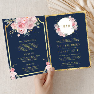 Invitation Rose Pâle Floral Bleu Nuit Robe de Mariée Une Pièc