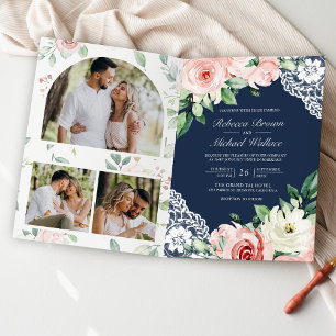 Invitation Rose Pâle Floral Lace Bleu Marine Code QR Mariage