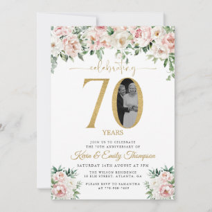 Invitation Rose Pâle Floral Photo 70ème Anniversaire