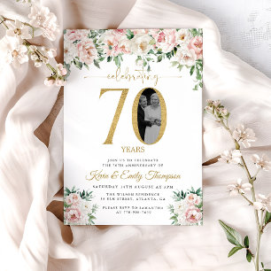 Invitation Rose Pâle Floral Photo 70ème Anniversaire