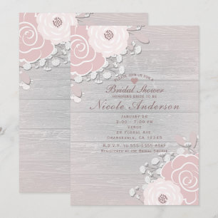 Invitation Rose Pâle Floral Rustique Fleurs & Bois Mariage