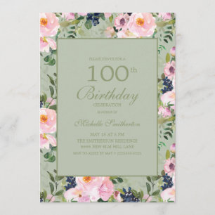 Invitation Rose Pâle Floral Vert Menthe 100e Anniversaire