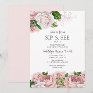 Invitation Rose Pâle Floral Vintage Bébé Fille Sip See Shower