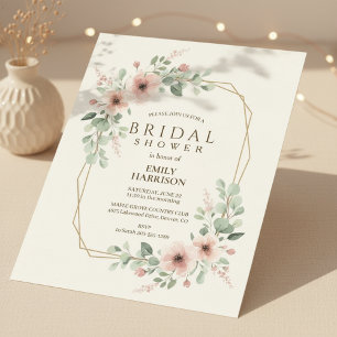 Invitation Rose Pâle Géométrique Baby Shower Hexagone Doré