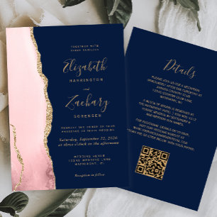 Invitation Rose Pâle Or Agate Bleu Nuit Code QR Mariage