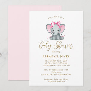 Invitation Rose Pâle Or Éléphant Mignon Élégant Baby Shower