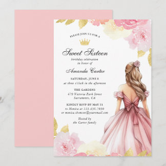 Invitation Rose Pâle Or Fleurs Douce Seize Ans