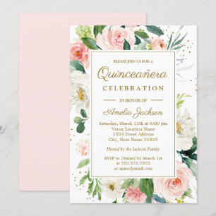 Invitation Rose Pâle Or Floral Aquarelle Quinceanera