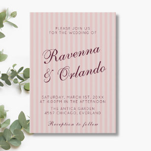 Invitation Rose Pâle Rétro Rayures Bourgogne Vin Mariage