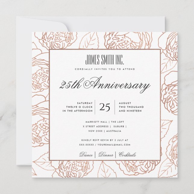 INVITATION ROSE PÂLE ROSE DORE FLORAL FÊTE D'ENTREPRISE (Devant)