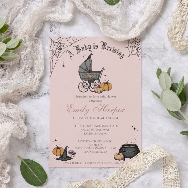 Invitation Rose pâle Un bébé brasse du Baby shower (Elegant and Spooky Victorian Baby Carriage Custom Baby Shower Invitattion in a Chic Blush Pink.)