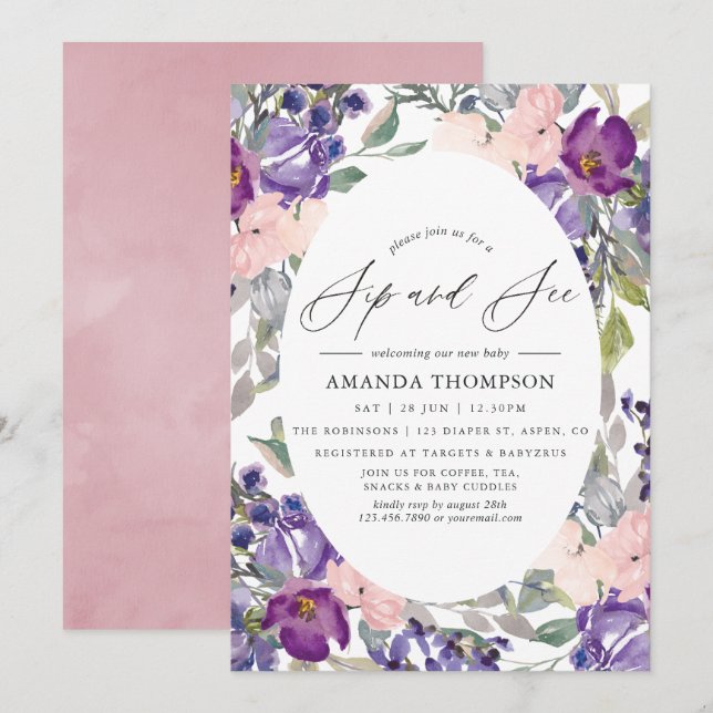 Invitation Rose Pâle, Violet et Prune Floral Sip and See (Devant / Derrière)