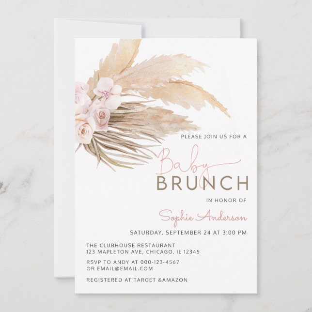 Invitation Rose Pampas Grass Boho Baby Brunch Baby shower Inv (Devant)